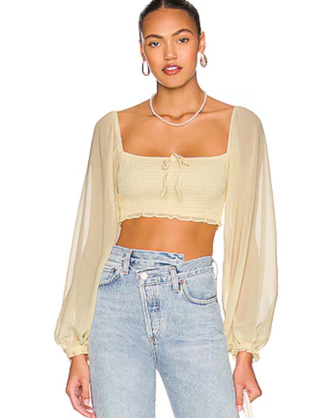 Revolve Butter Yellow Sheer Balloon-Sleeve Smocked Crop Top